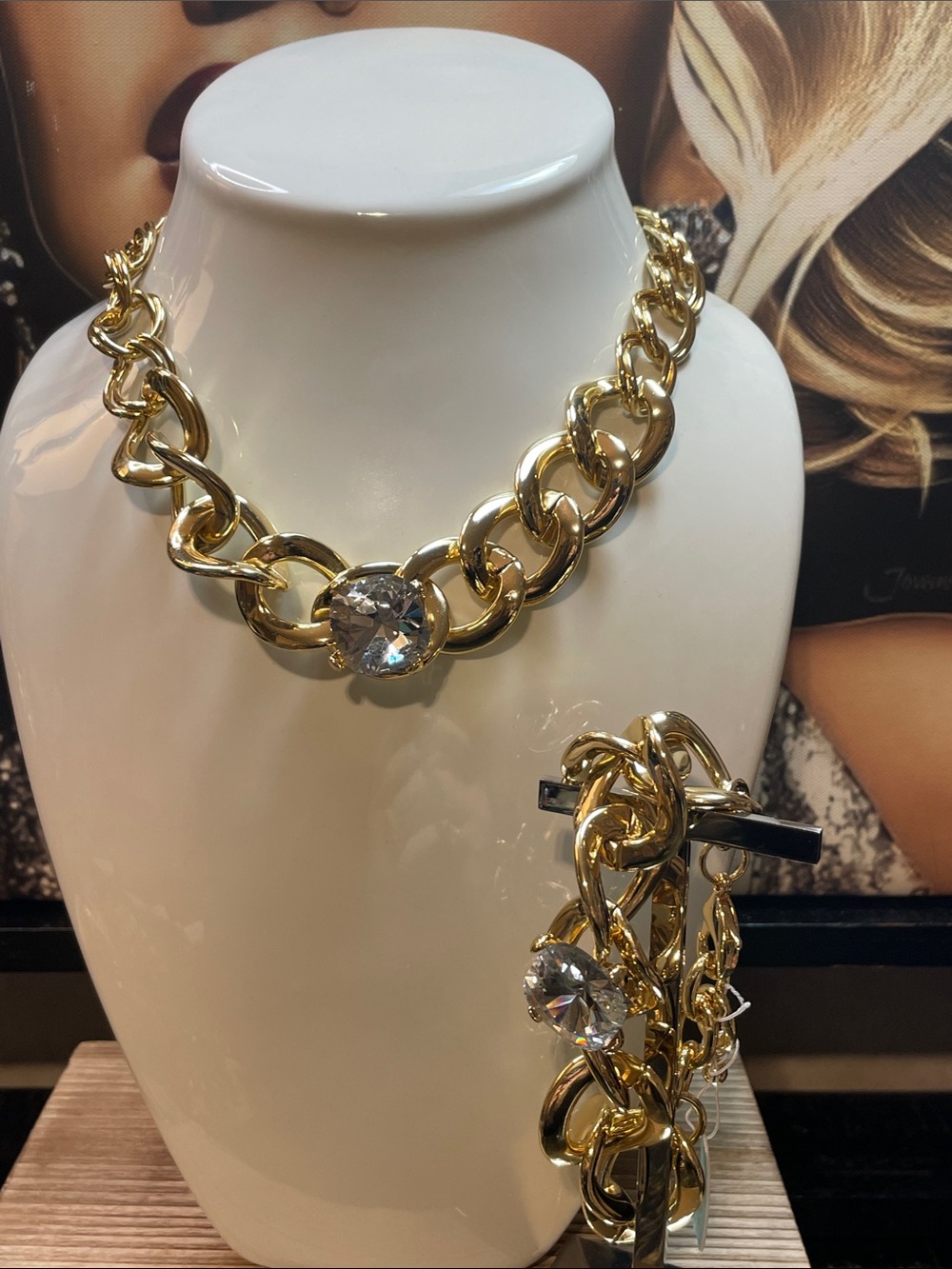 Gold Chain Statement Necklace and Bracelet Set with Crystal Accent - Picture 9 of 9